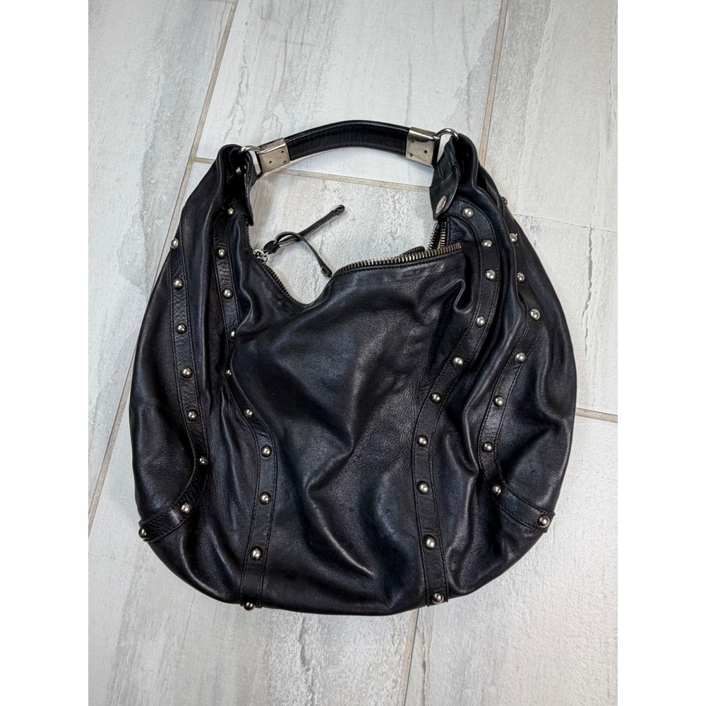 Stuart Weitzman Black Leather Studded Hobo Bag Silver Hardware Slouchy Shoulder